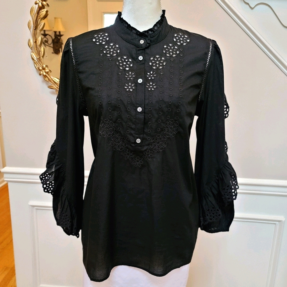 New! J Crew Sz M Ruffle-sleeve Top Embroidered Eyelet Black NWT - Picture 2 of 7